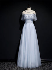 Light Blue Tulle Beading Sequins Lotus Leaf Sleeve Prom Dresses