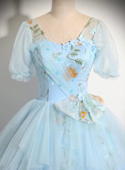 Light Blue Tulle Floor Length Prom Dresses, Beautiful Short Sleeves Sweet 16 Dresses