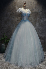 Light Blue Tulle Long Party Dress Formal Dress, Blue Tulle Formal Dress with Flowers