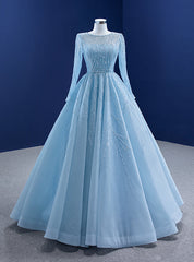 Light Blue Tulle Long Sleeve Sequins Prom Dresses