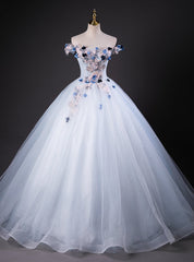 Light Blue Tulle Off the Shoulder Appliques Quinceanera Dresses