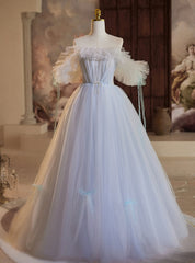 Light Blue Tulle Off the Shoulder Pleats Prom Dresses