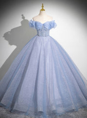 Light Blue Tulle Off the Shoulder Quinceanera Dresses