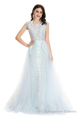 Light Blue Tulle Sequins Appliques Cap Sleeve Prom Dresses