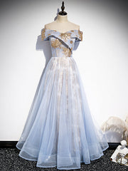 Light Blue Tulle Sequins Off the Shoulder Prom Dresses