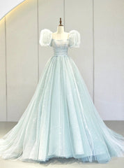 Light Blue Tulle Sequins Puff Sleeve Prom Dresses