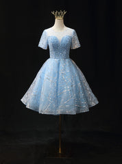 Light Blue Tulle Sequins Short Sleeve Homecoming Dresses