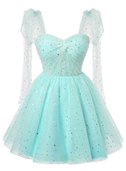 Light Blue Tulle Sequins Straps Homecoming Dresses