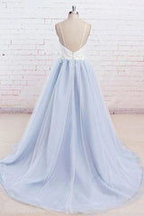 Light Blue Tulle Simple Spaghetti Straps Sweep Train Backless Prom Dress