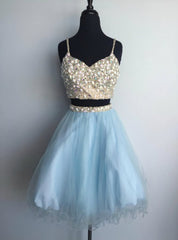 Light blue tulle two pieces beaded short homecoming Dresses