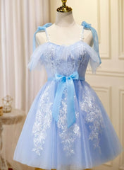 Light Blue Tulle with Lace Knee Length Party Dress, Blue Homecoming Dresses