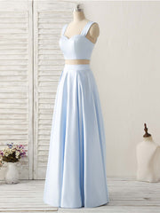 Light Blue Two Pieces Satin Long Prom Dress Simple Evening Dress