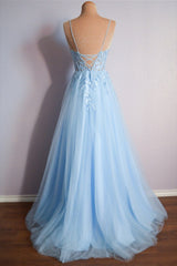 Light Blue V Neck Lace-Up Appliques Tulle Long Prom Dresses