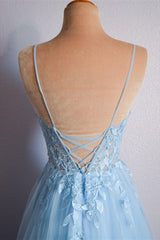 Light Blue V Neck Lace-Up Appliques Tulle Long Prom Dresses