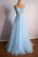 Light Blue V Neck Lace-Up Appliques Tulle Long Prom Dresses