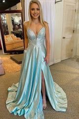 Light Blue V-Neck Long Prom Dress with Criss Cross Back