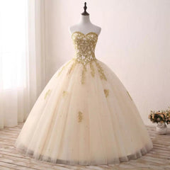 Light Champagne Ball Gown Party Dresses, Sweet 16 Dresses with Gold Applique