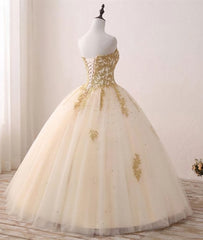 Light Champagne Ball Gown Party Dresses, Sweet 16 Dresses with Gold Applique