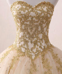 Light Champagne Ball Gown Party Dresses, Sweet 16 Dresses with Gold Applique