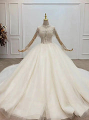 Light Champagne Ball Gown Tulle High Neck Long Sleeve Wedding Dresses