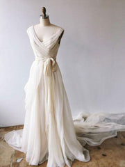 Light champagne chiffon long prom Dresses, chiffon evening Dresses