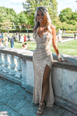 Light champagne sequin prom Dresses, evening Dresses,party Dresses, sexy formal Dresses