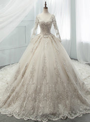 Light Champagne Tulle Appliques Long Sleeve Backless Beading Wedding Dresses