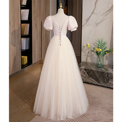 Light Champagne Tulle with Light Pink Satin Prom Dresses, A-line Long Formal Dresses