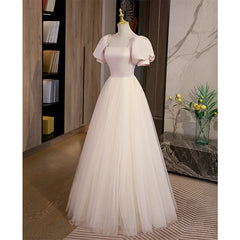 Light Champagne Tulle with Light Pink Satin Prom Dresses, A-line Long Formal Dresses