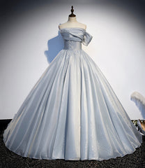 Light Gray Satin Long Ball Gown Quinceanera Dresses