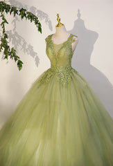 Light Green A-line Tulle with Lace Applique Prom Dress, Green Formal Dress