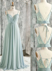 Light Green Chiffon with Lace Bridesmaid Dresses, A-line Long Evening Party Dresses