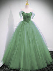 Light Green Off Shoulder Princess Long Party Dresses, Green Sweet 16 Gown