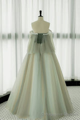 Light Green Off Shoulder Tulle with Lace Long Prom Dress, A-line Green Party Dress