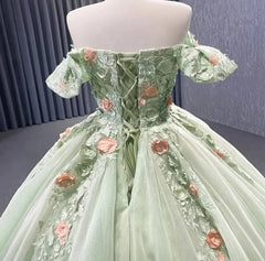 Light Green Off The Shoulder Lace Up Back Ball Gown Quinceanera Dresses