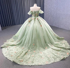 Light Green Off The Shoulder Lace Up Back Ball Gown Quinceanera Dresses