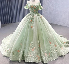 Light Green Off The Shoulder Lace Up Back Ball Gown Quinceanera Dresses