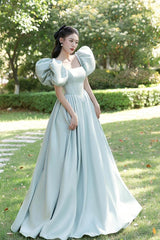 Light Green Satin Long A-Line Princess Dresses, Cute Short Puff Sleeves Evening Party Dresses