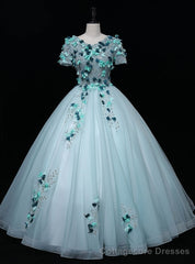 Light Green Tulle Appliques Beading Quinceanera Dress