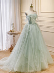 Light Green Tulle Beaded Sweetheart Long Prom Dress, A-line Green Formal Dress