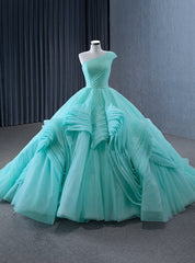 Light Green Tulle One Shoulder Pleats Prom Dresses