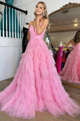 Light Pink Tulle Tiered A-Line Long Prom Dress