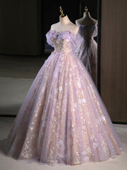 Light Purple A-line Tulle with Floral Long Prom Dress, Light Purple Evening Dress Party Dress