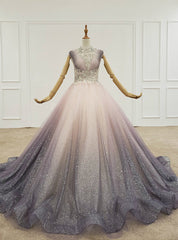 Light Purple Ball Gown Tulle Sequins Pleats Wedding Dresses With Beading Crystal