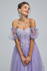 Light Purple Lace And Sequins Tulle Off The Shoulder Floor Length Dresses