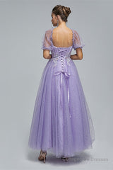 Light Purple Lace And Sequins Tulle Off The Shoulder Floor Length Dresses