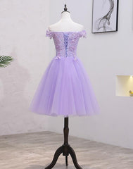 Light Purple Lace And Tulle Off The Shoulder Homecoming Dress