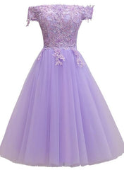 Light Purple Lace And Tulle Off The Shoulder Homecoming Dress