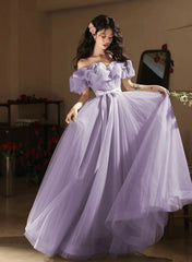 Light Purple Off Shoulder Tulle Party Dress, Light Purple Prom Dress