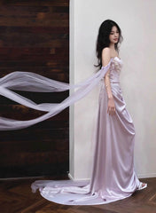 Light Purple Satin Long Evening Dresses, Light Purple Sweetheart Prom Dresses